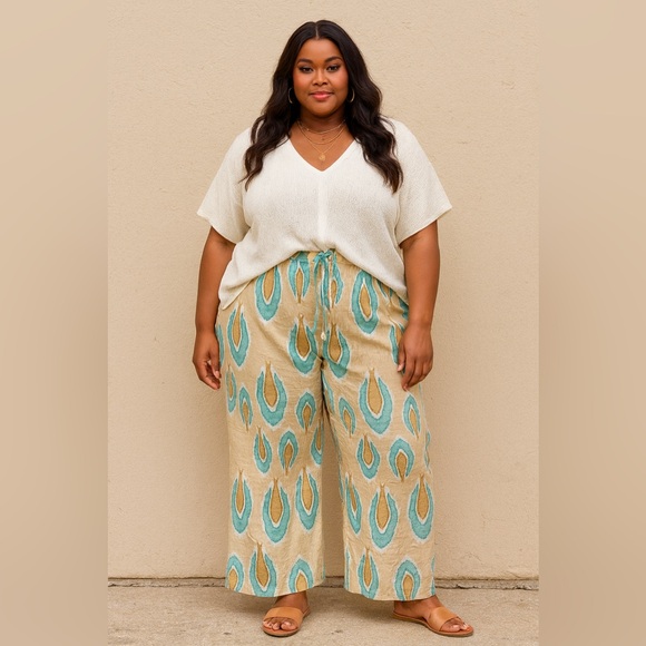 Nimo With Love Pants - Nimo With Love 100% Linen Printed Pants XXL Tan & Teal